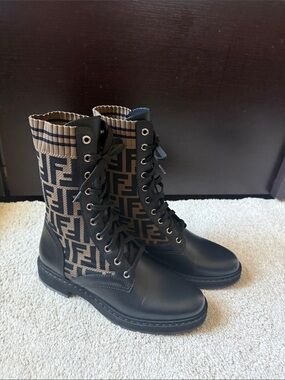 Fendi Black Leather and Brown FF Logo Knit Lace-Up Boots